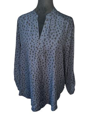 Lush Warren Split Neck Blouse – Plus Size 2X – Blue & Black Animal Print – Tab S